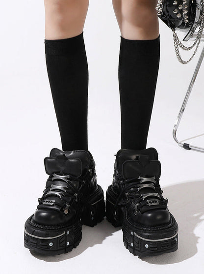 チェーンパンクメタルプラットフォームプレーンダークシューズハイトップ