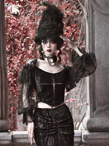 Spider Sleeve Gothic Lantern Top Velvet Lace Cross