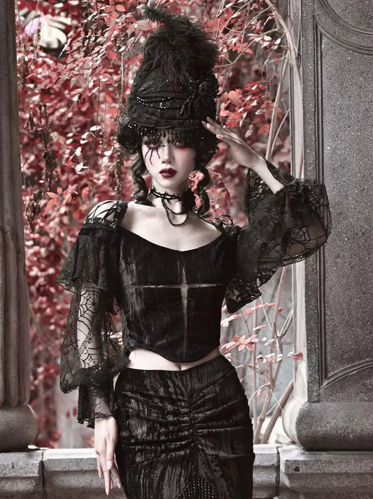 Spider Sleeve Gothic Lantern Top Velvet Lace Cross