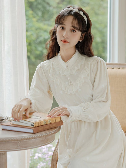 Rüschen-Gartenkleid-Cardigan, ausgestellt, Milchweiß + lang