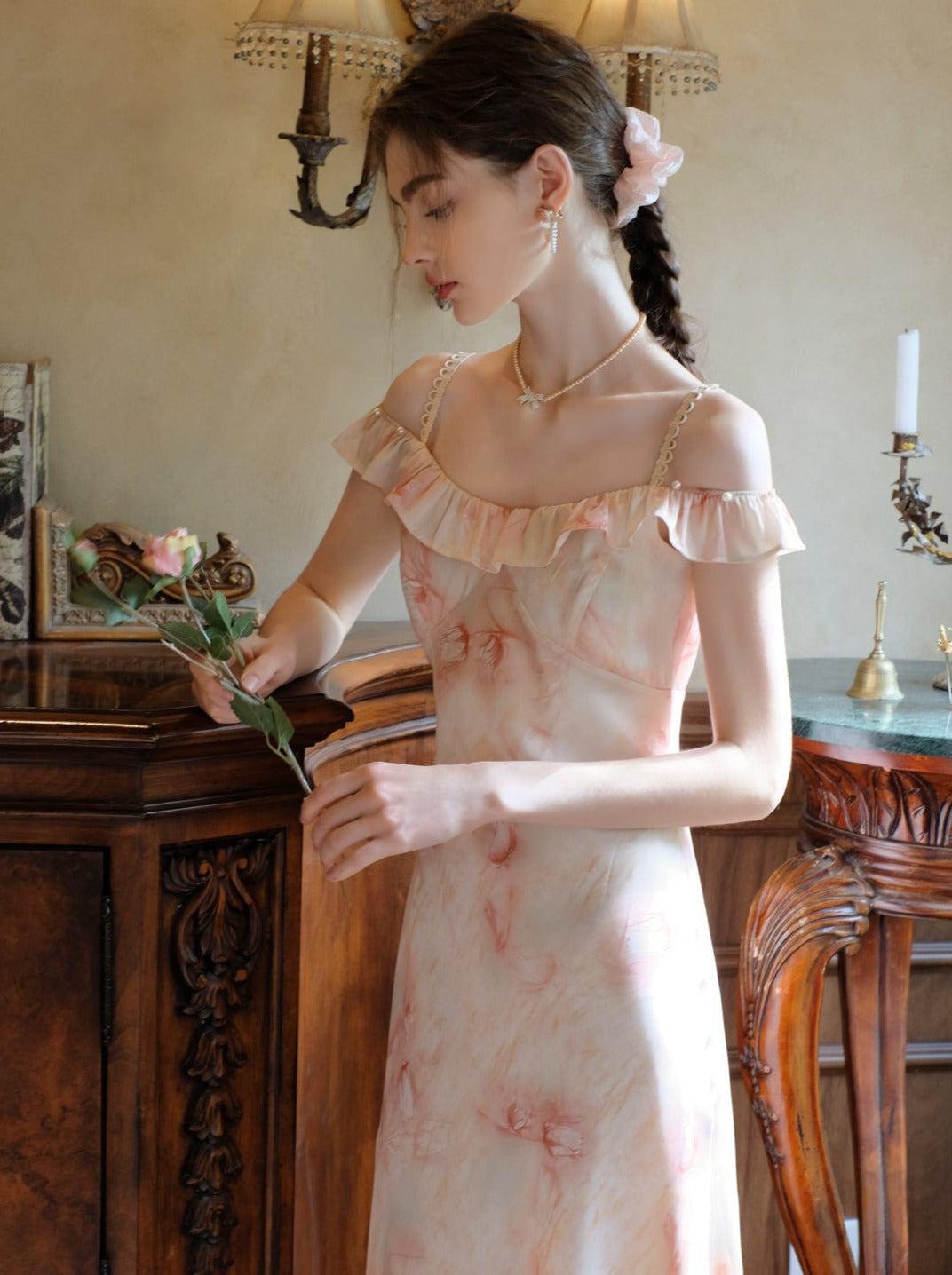 ロングサスペンダードレス フラワーブラウス カーディガン + シアー