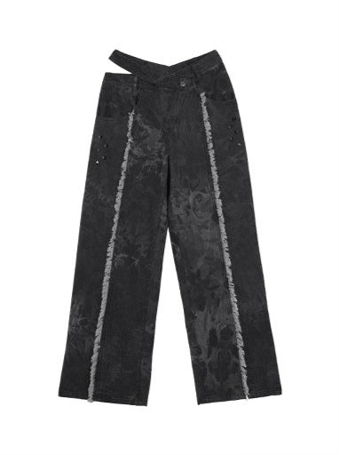 ダークデザインデニム ルーズフリンジ ワイドカットアウトウエスト