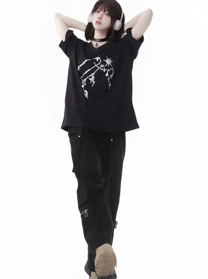 Black T-Shirt V-Neck Print White Gemstone