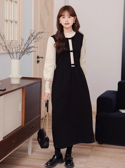 Stück Kragen Hohe Kleid Halb Zwei Kontrast Faux