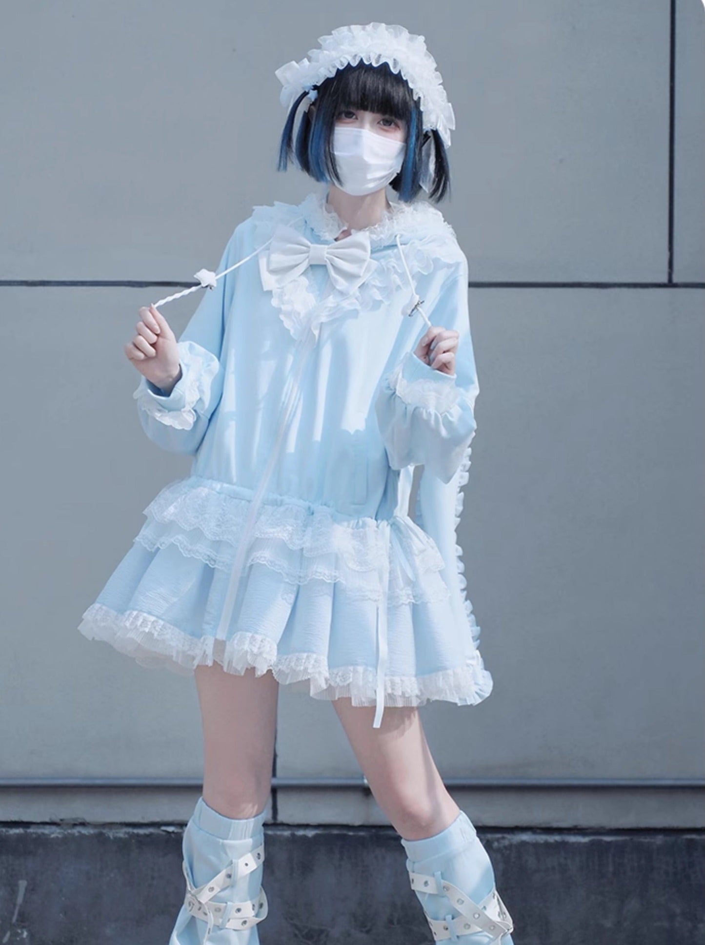 Bow Frilled Big Hooded Girly Long Bunny Dress Ears