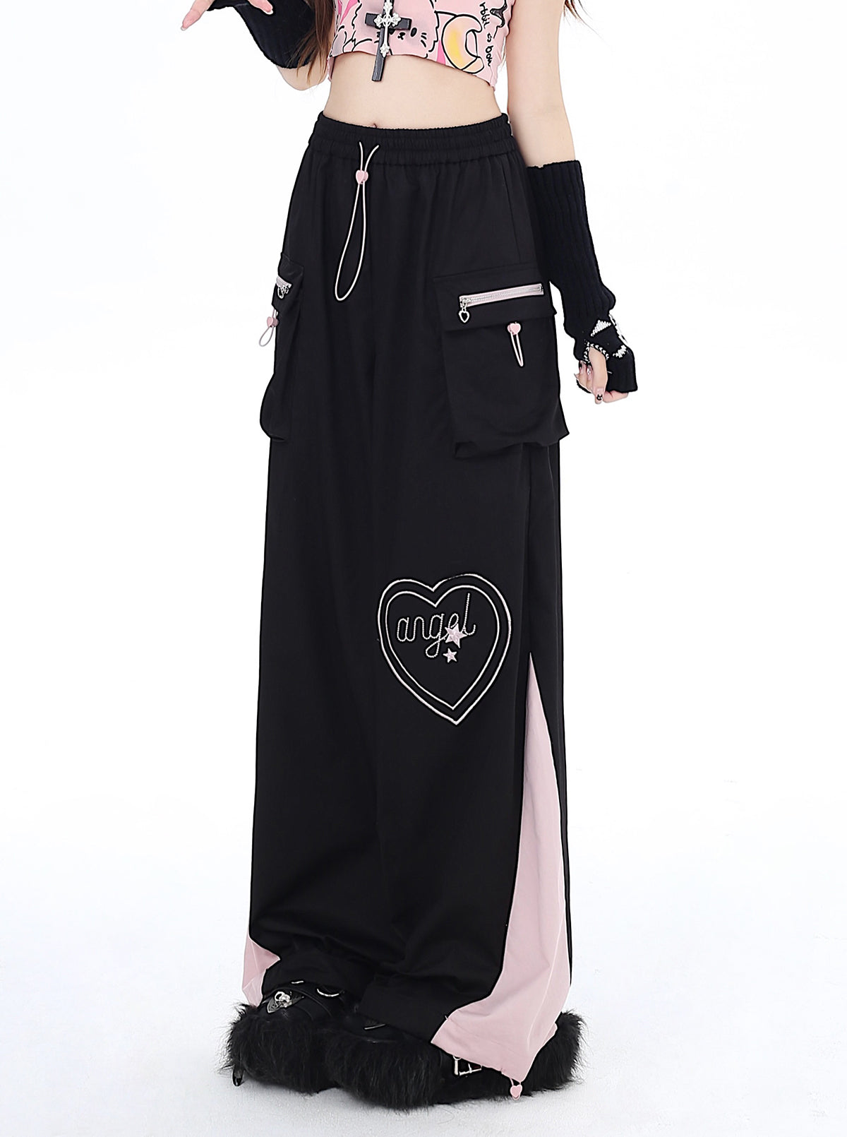 Drawstring Contrast Love Pants Color Cargo