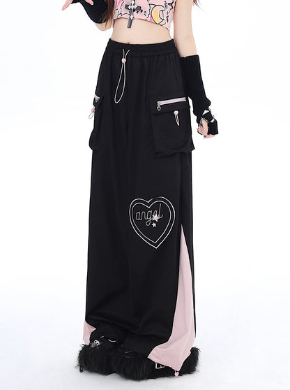 Drawstring Contrast Love Pants Color Cargo