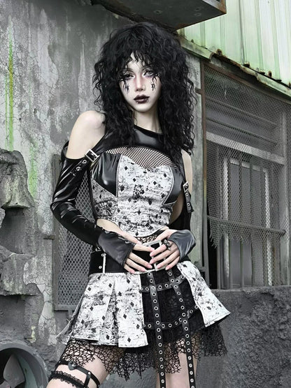 Two Top Mesh Piece Punk PU Liquid Suit Dark Slim