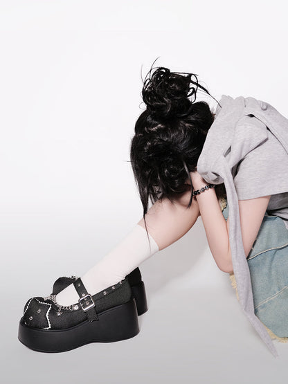 Schnalle Star Toe Platform Denim One Punk Runde Schuhe