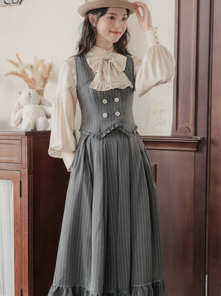 フリル+ブラウス ストライプカラー+スカート フレアレトロベスト ダーク