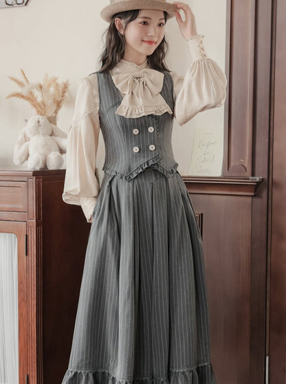 フリル+ブラウス ストライプカラー+スカート フレアレトロベスト ダーク