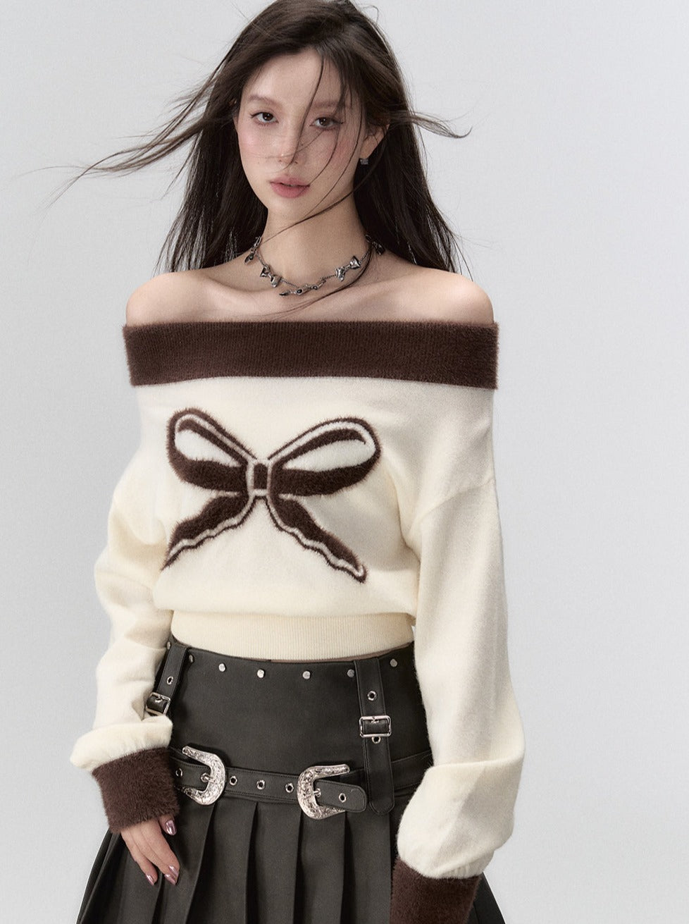 ワンショルダーリボンニットセーター