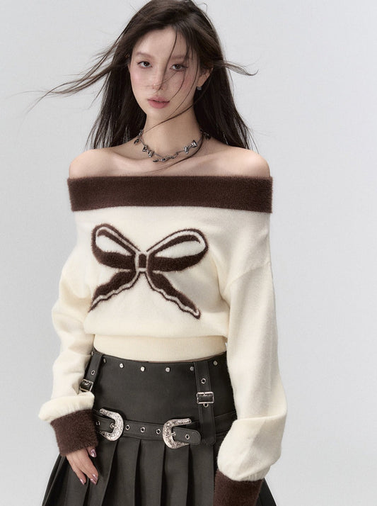 ワンショルダーリボンニットセーター