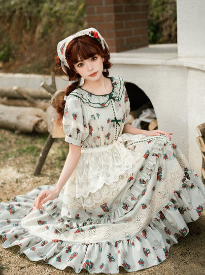 Flower Little Flower Retro Dress + Green Bandana Lolita