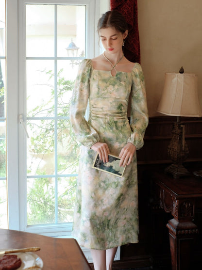 Elegant Neck Green Square Retro Dress