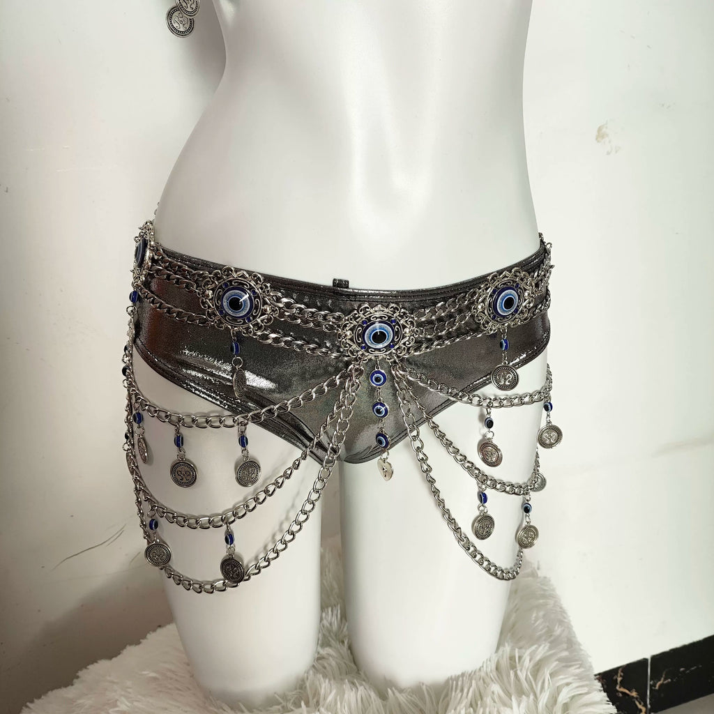 Punk Y2K Hottiepure Desire Silver Chain Bra Waist Set