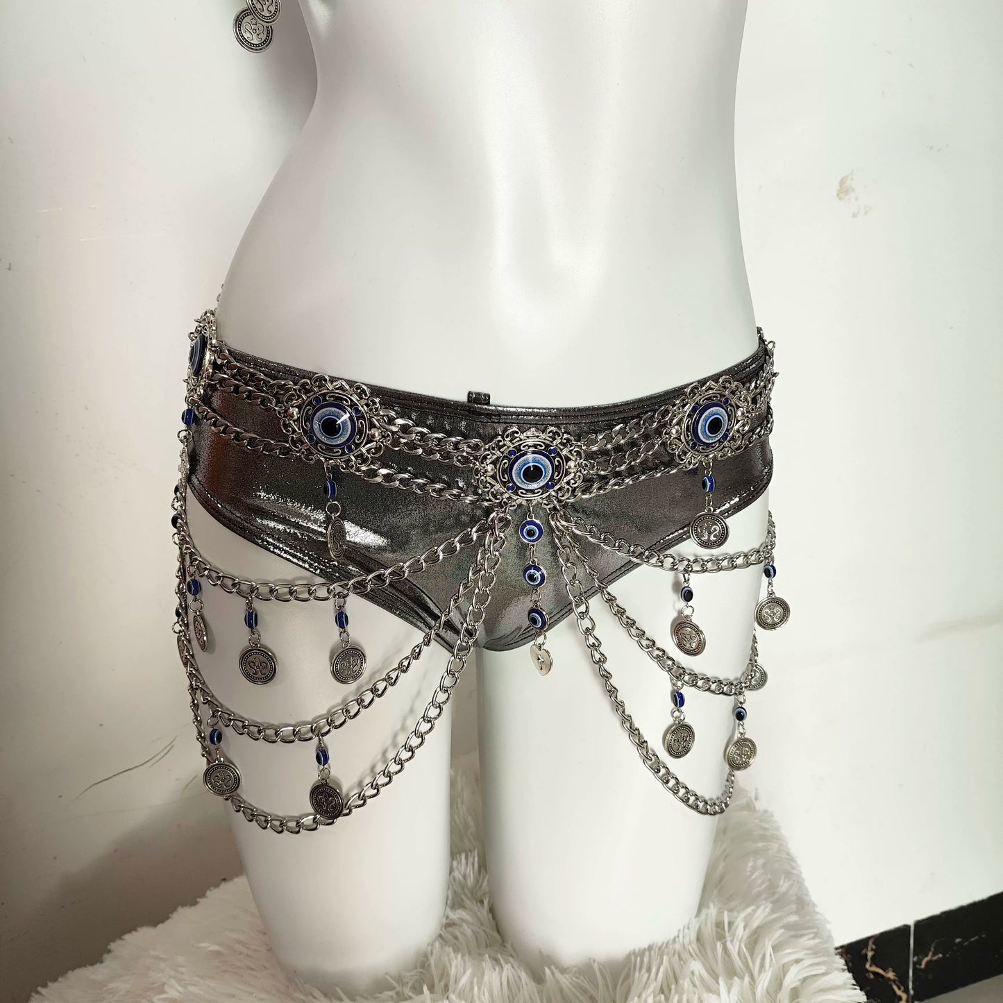 Punk Y2K Hottiepure Desire Silver Chain Bra Waist Set