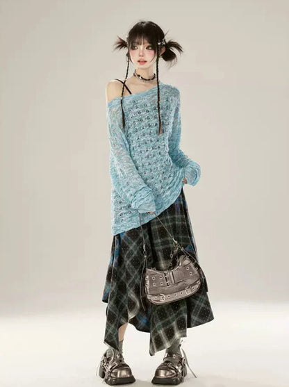 襟付きプルオーバーニット日焼け止めシースルーソールルーズ