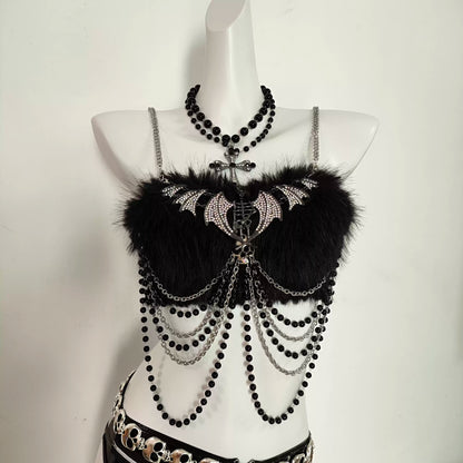 Y2K Punk Dark Gothic Waist Cinching Fluffy PU Suit