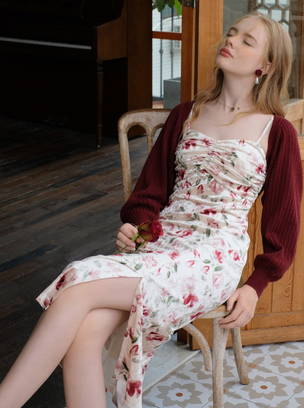 レトロドレス フラワーサスペンダー チェリーレッド