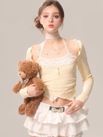 ミルキーフェイクピースクリームアイホルターツートップネックイエロー