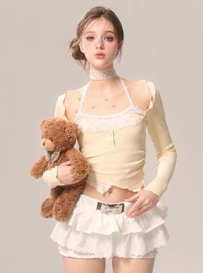 パールリボンスカート ホワイトフレンチパンツ レースフレア ホワイトアイ