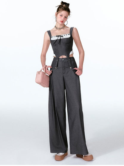 Wide Two-piece + Design Contrast Faux Vest Mint-cool Pants