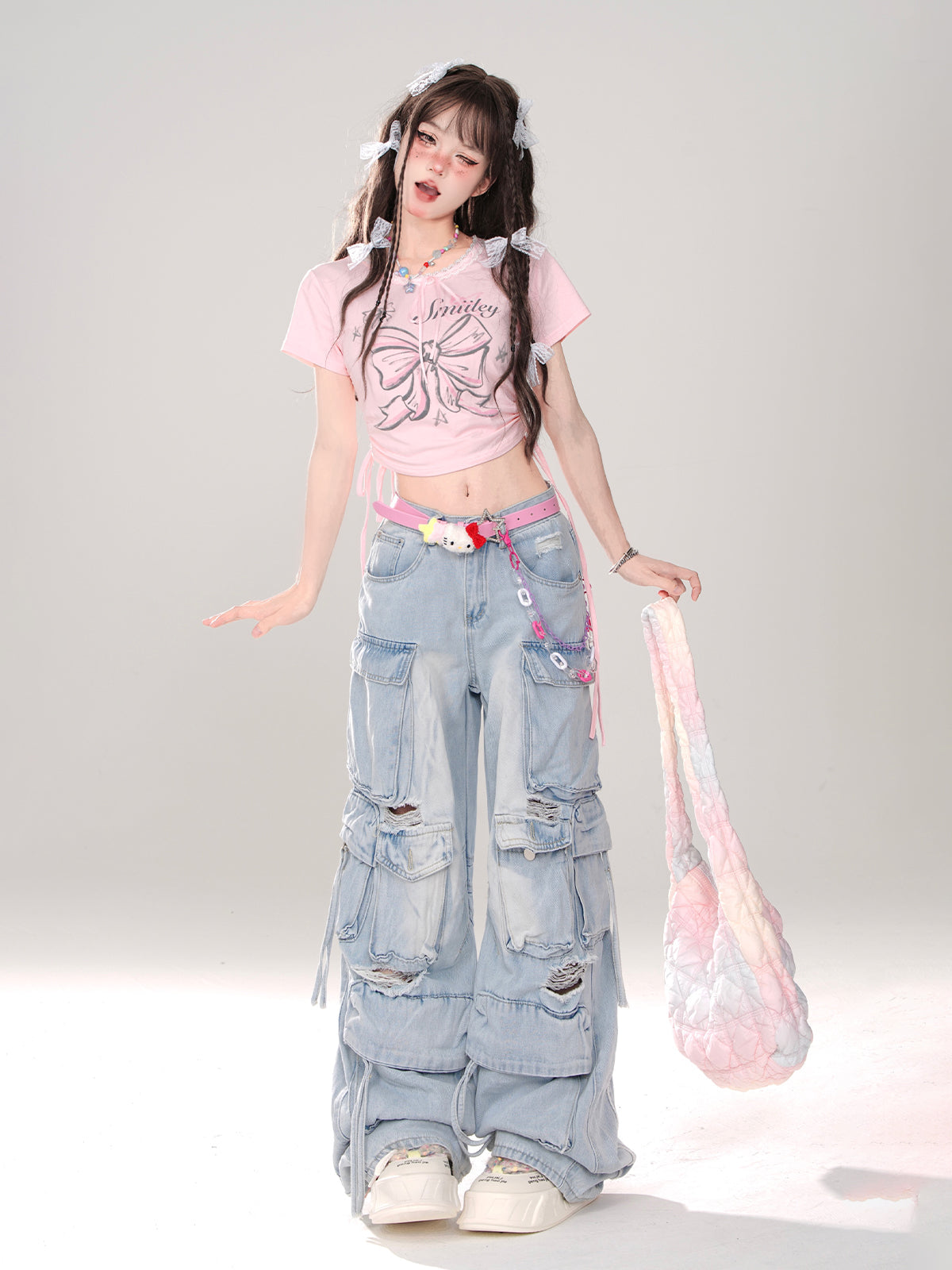 T-Shirt Slim Ribbon Short Lace Drawstring Pink