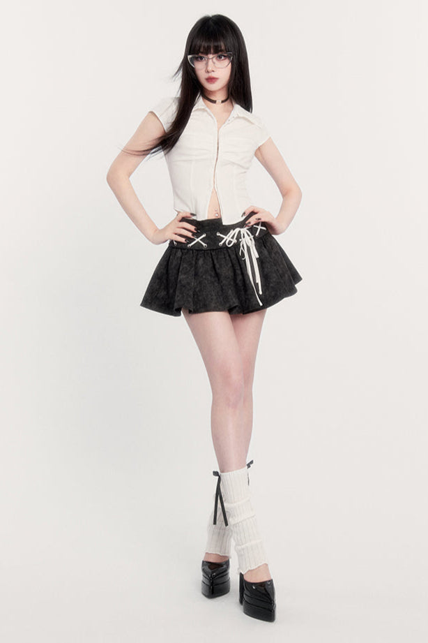 ウエストレースシャツスカートハイスリムフレアアップ+