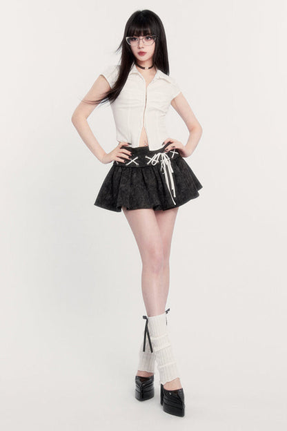 ウエストレースシャツスカートハイスリムフレアアップ+