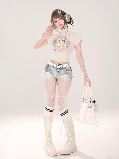 American Short T-Shirt Print Neck High Dog Little Cutie