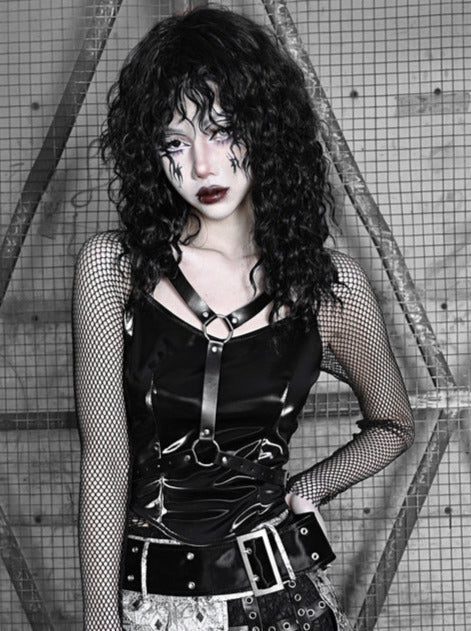 Mesh Top Punk Slim Gothic Wing PU Sheer Liquid
