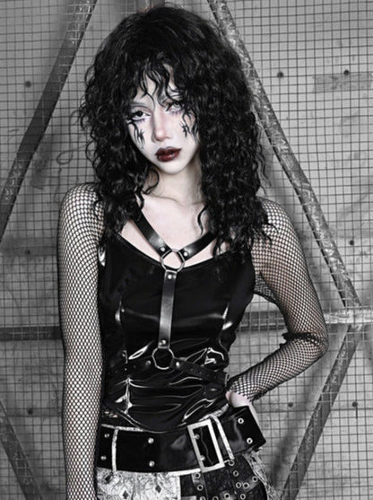 Mesh Top Punk Slim Gothic Wing PU Sheer Liquid