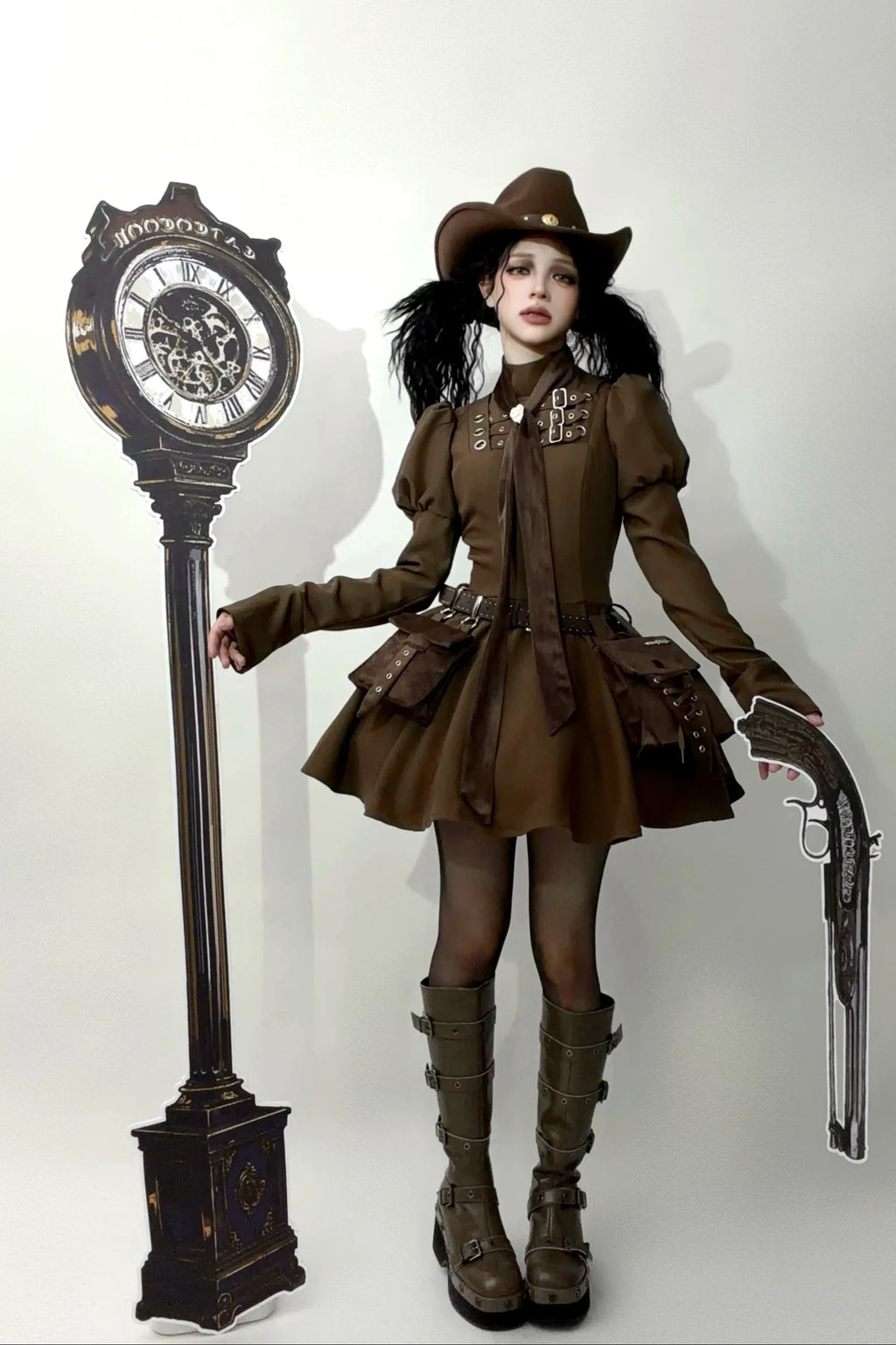 Steampunk Brown x Gothic Black Mode Buckle High Collar Puff Sleeve Doll Dress