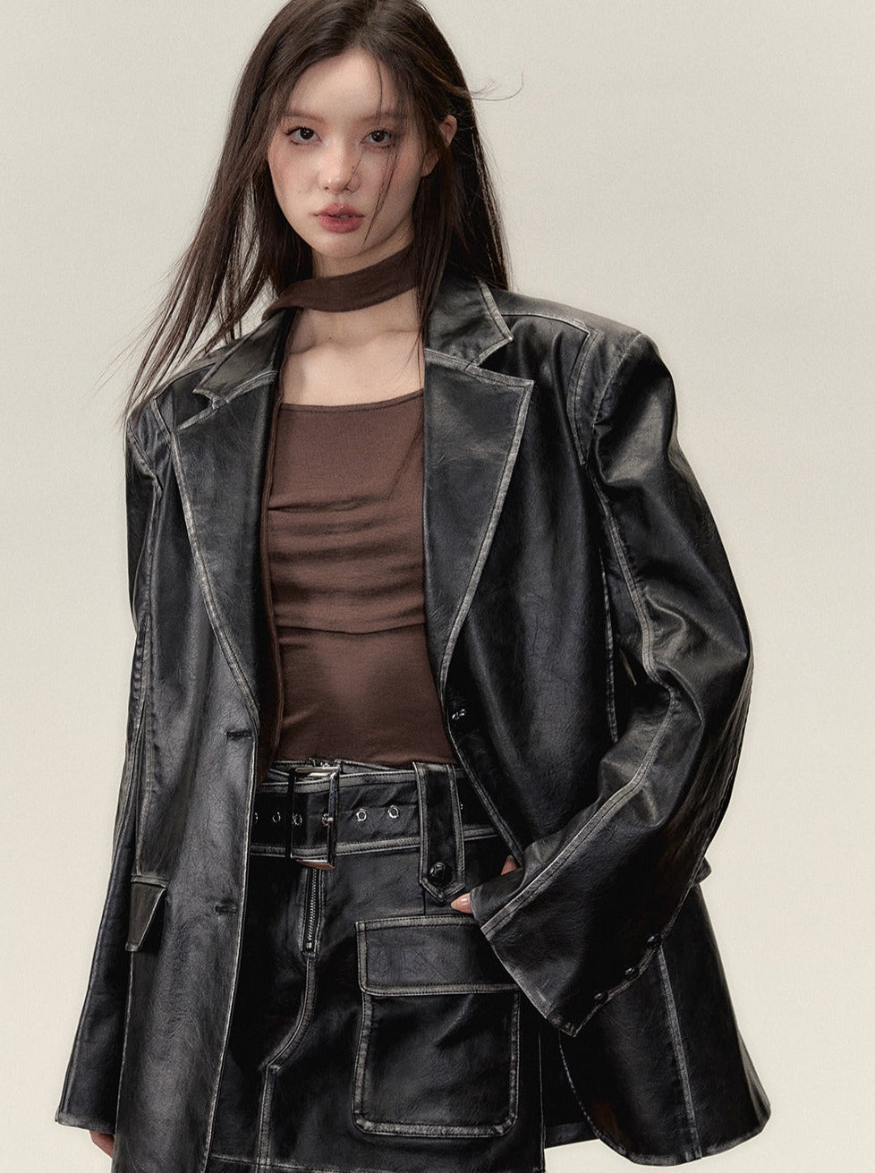 Osh Leather Over Jacket + Short Skirt