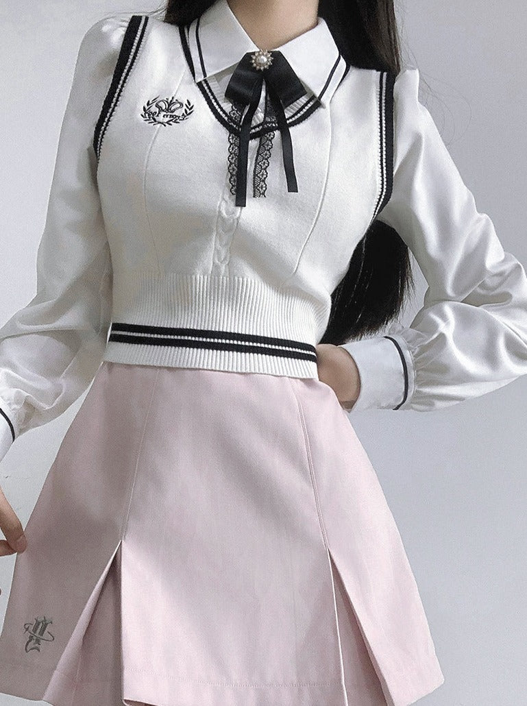 Jacket College Vest + Skirt Shirt Box + Slim Pleated Girl Sweet Ribbon Style