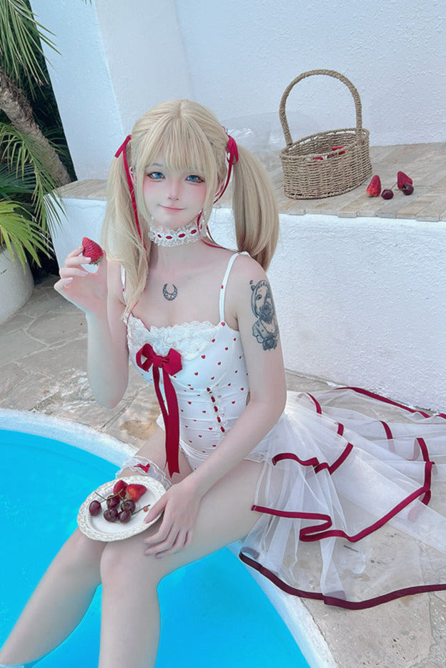 Ribbon Setup Trailing Swimsuit Heart Cute Red