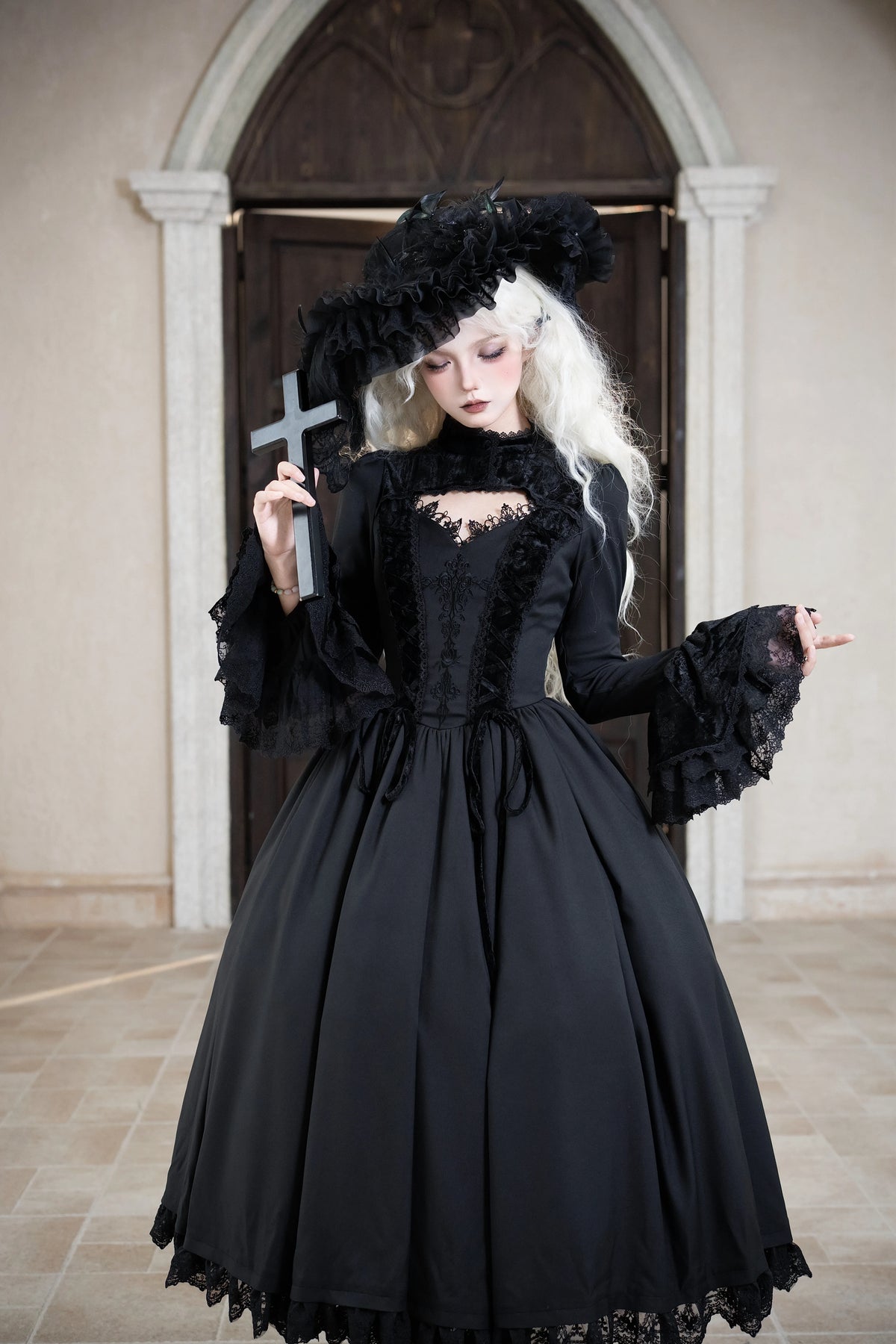 No Man's Land Rose black Gothic velvet Lolita dress styled on a model