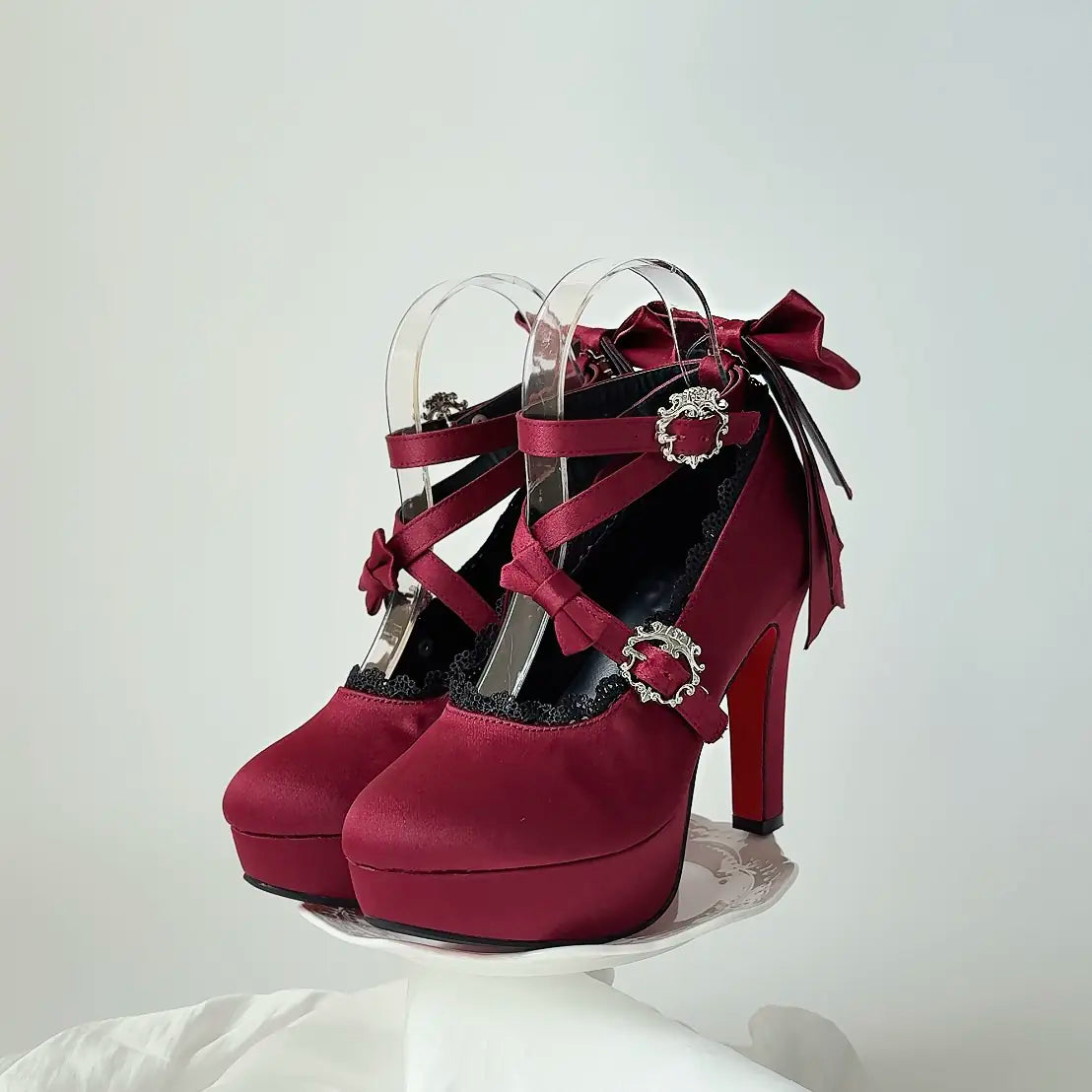 Holy Relic Cross Satin Burgundy shoes with rear bows