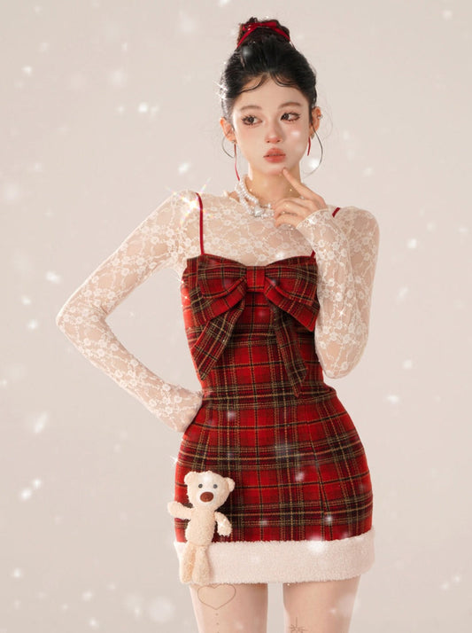 Bear Dress Suspender Red Collar Gummy Check + Tops Inner Lace