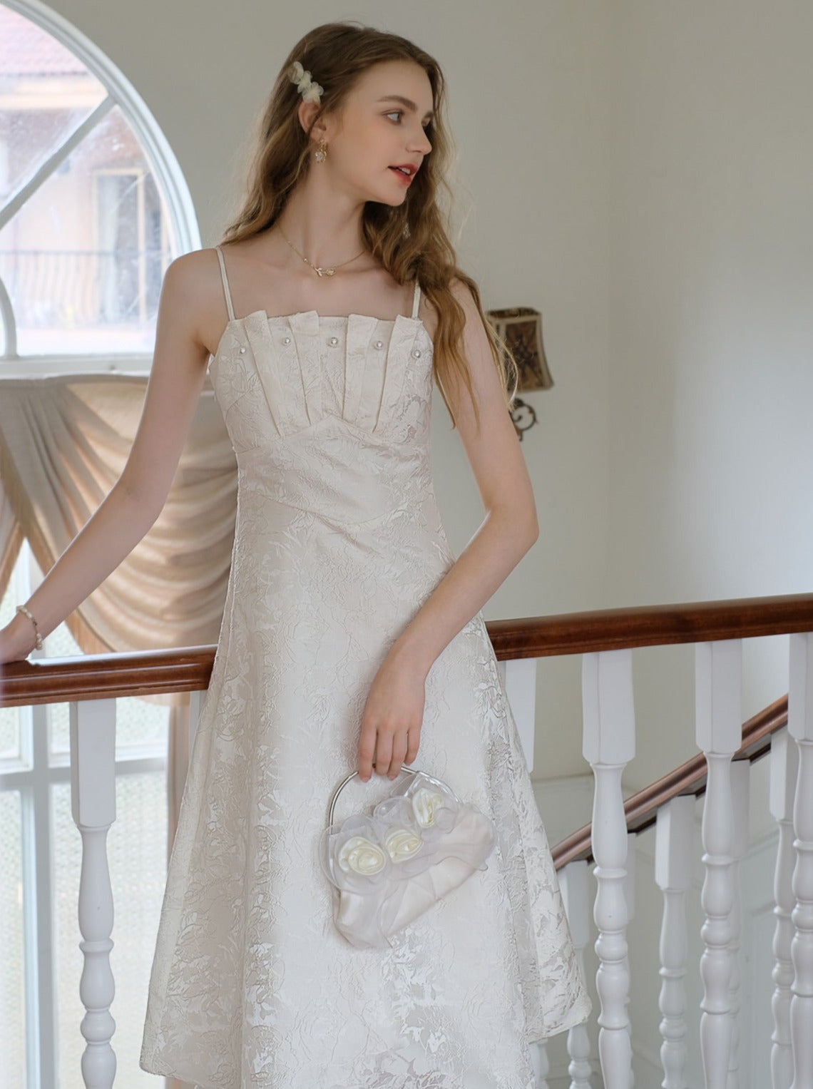 サスペンダービーズジャカードドレス フレンチロング