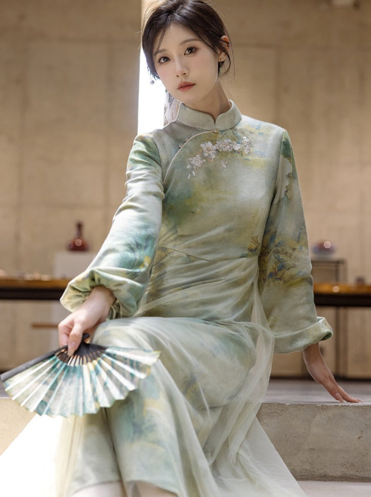 Neck Marbled Green Dress China Half