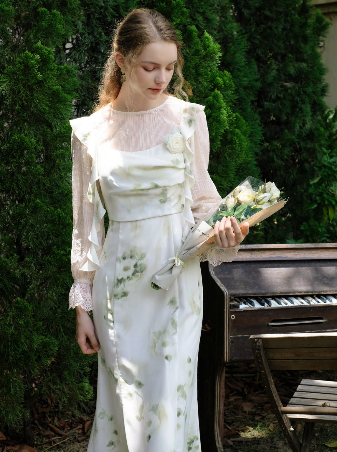 スカートトップ グリーン キャミソール フラワー シアー + シフォン