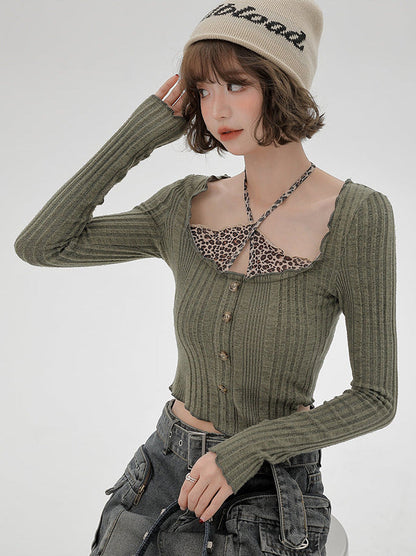 Piece Top Leopard Kontrast Kurz Schlank Zweifarbig Hals Faux Neckholder