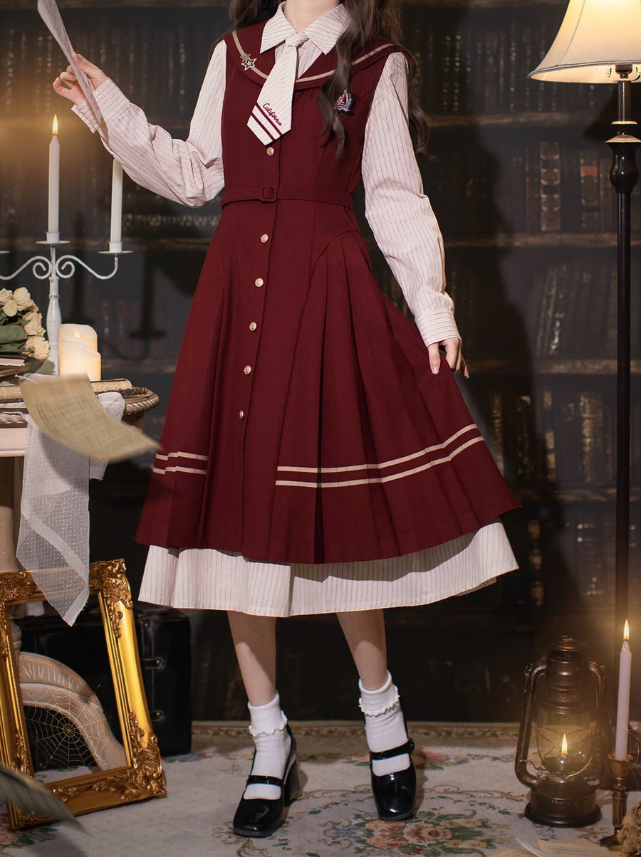 Robe Rétro Badge Costume Magique + Rayé + Cravate Plissée + Chemise Bleu Marine Color Academy