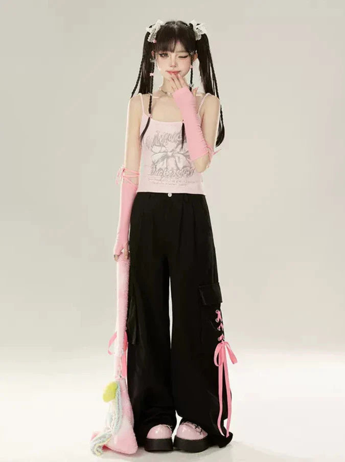 ジップガーリー+ルーズバタフライキャミソールパンツジャケットリボンスウェットシャツフード付きピンク