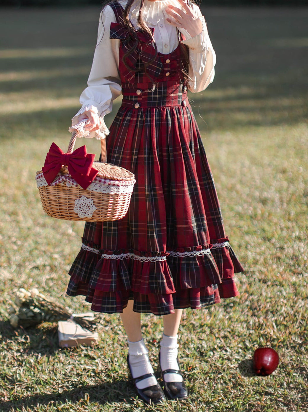 Shirt Little Red Tiered Pleated Dress Scarf Head Riding Ribbon Coat Hood Check Collar Cape
