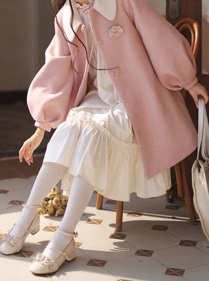 Badge Pink Frilled Doll + Lolita + Dress Off-White Coat Collar