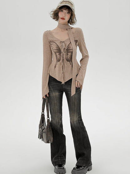 Drucken Top Schmetterling Amerikanischen Schlank Retro Unregelmäßigen