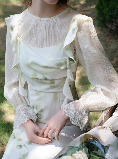 スカートトップ グリーン キャミソール フラワー シアー + シフォン